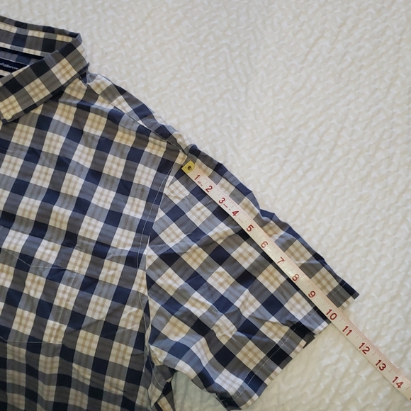 Tan Blue Plaid Short Sleeve Button Down Shirt - Picture 9 of 10